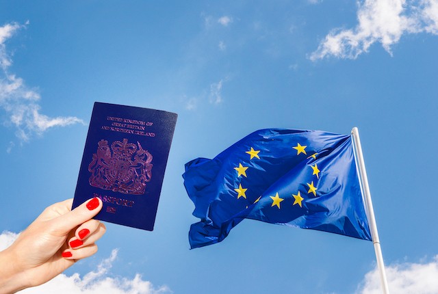 Blue UK passport with EU flag