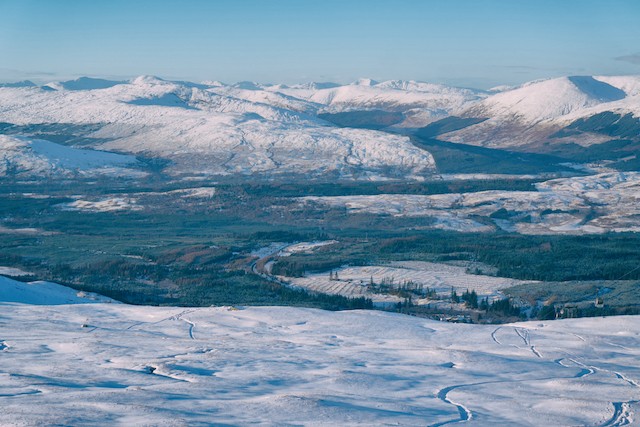 Scenic view of snowy Nevis Range